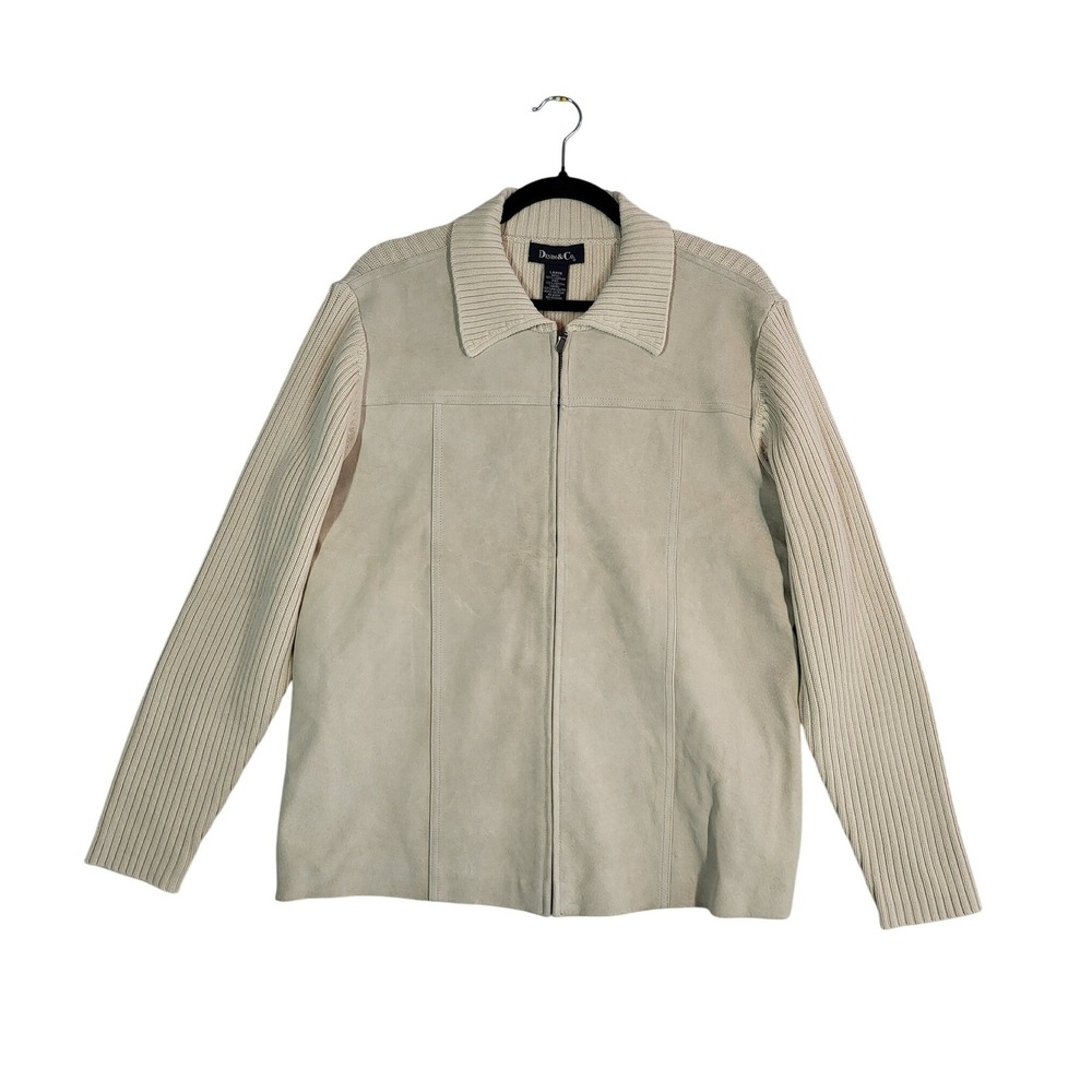 Denim & Co Suede Jacket L (14/16) Cream Washable Leather Knit Sleeve Zip Up NWT